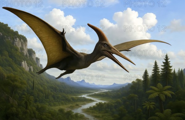 A pterodactyl (Pterodactyloidea) flies over a prehistoric landscape, symbol dinosaur, pterosaur,