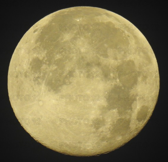 Detailed image of a full moon with visible craters and yellowish glow against a dark background,
