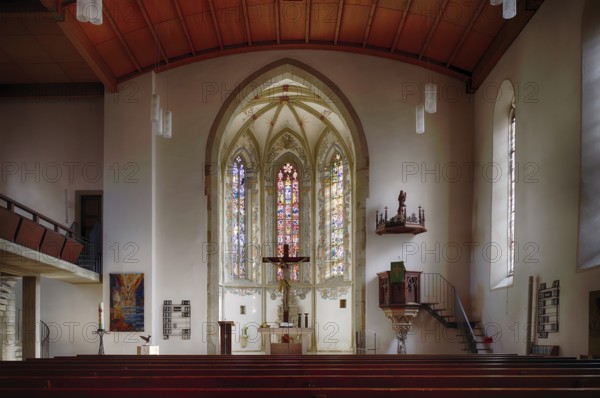 Interior view, choir room, altar, Jesus on the Cross, City Church, Bietigheim-Bissingen,