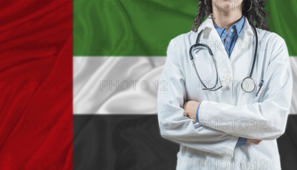 Medical professional on United Arab Emirates flag. Healthcare and wellness in United Arab Emirates,