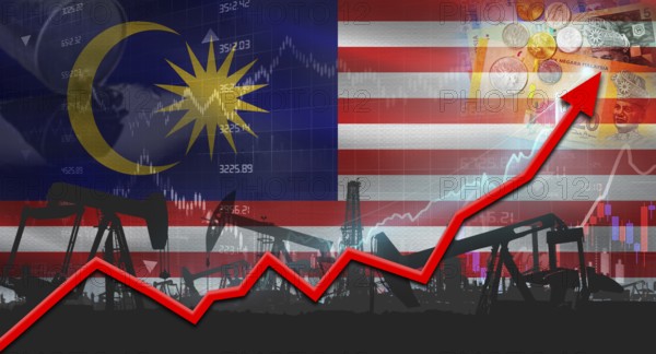 Growth of oil industry with Malaysian flag. Oil pumps with Malaysian flag. Oil production with