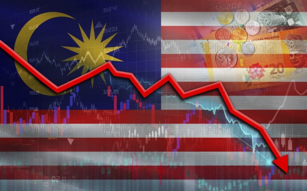 Malaysia financial fall on economy market. Malaysia financial crisis on economic graph