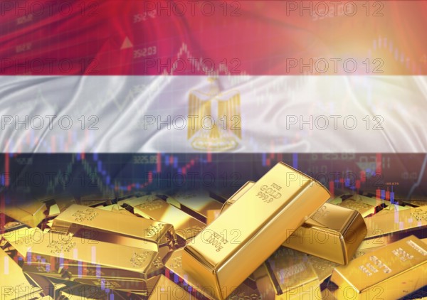 Gold bars on Egypt flag in background. Gold bars stacked on Egyptian flag. Concept of Egypt gold