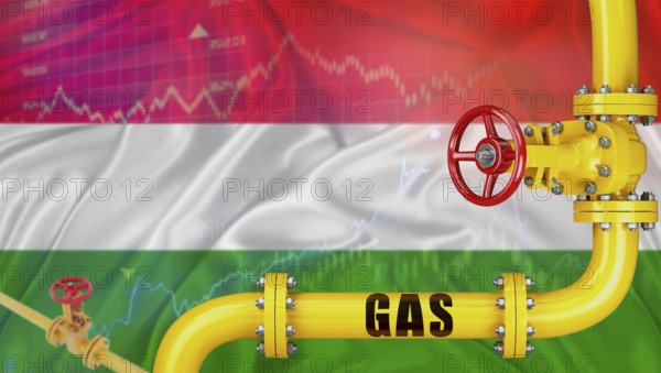 Gas pipeline with the Hungary flag in the background. Gas production with the Hungarian flag on a