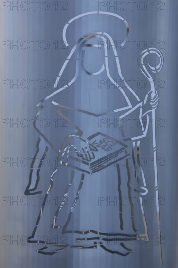 Monument with figure of Hildegard of Bingen with bishop's staff, crook, stainless steel, sheet