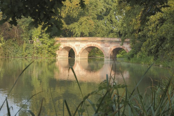 Red bridge, lake, stone arch bridge, forest, landscape, Schönbusch, Aschaffenburg, Lower Franconia,
