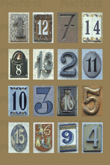 Magic square with 16 numbers, four times 4, ordered house numbers with the same checksum, geometric