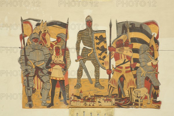 Wall painting with medieval scene, knight with shield and Baden-Württemberg coat of arms, staufes,