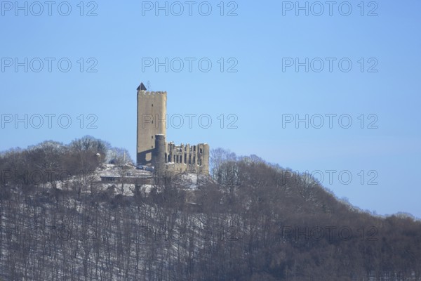 Olbrück Castle built in the 11th century in winter, forest, mountain, Niederdürenbach, Brohltal,