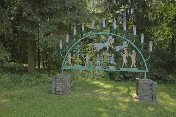 Traditional candle arch with angels and figures, forest, candles, Johanngeorgenstadt, Western Ore