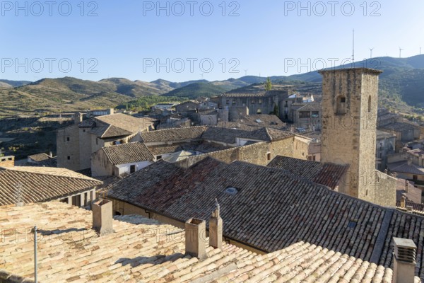View over rooftops medieval village of Sos del Rey Católico, Cinco Villas district, Zaragoza