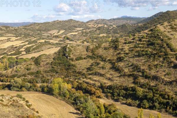 Countryside landscape view east to the Pyrenees Mountains, Sos del Rey Catolico, Cinco Villas