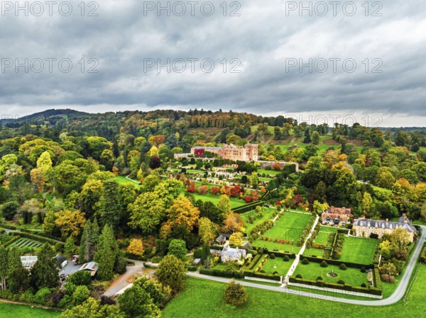 Autumn colours over Powis Castle and Garden from drone, Welshpool, Powys, Wales, England, United