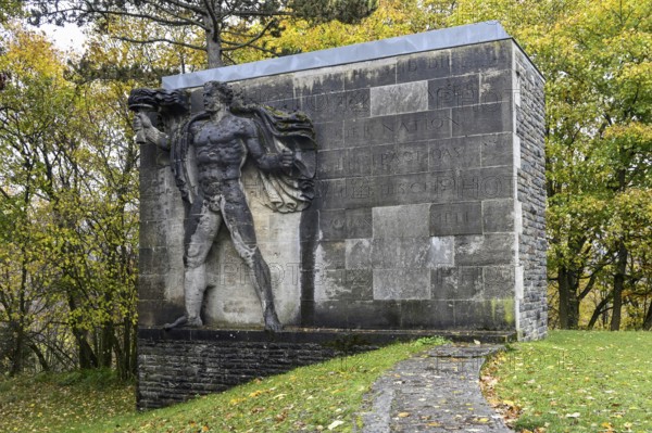 Torchbearer, monumental stone sculpture from the Nazi era, former NS Ordensburg Vogelsang, Eifel