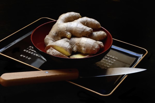 Ginger, ginger root in tea bowl, Zingiber officinale, tea preparation