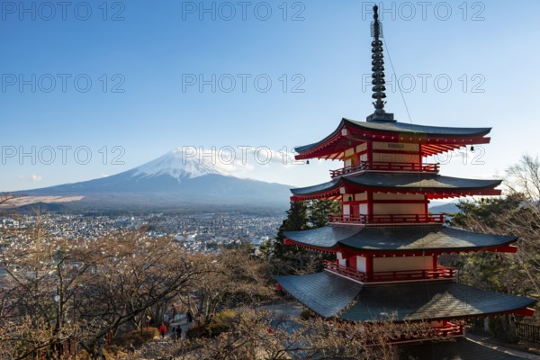 Five-story pagoda of a Shinto Shrine, Chureito Pagoda, with views of Fujiyoshida City and Mount