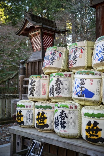 Colorful sake barrels at Shinto Shrine, Kitaguchi-hongu Fuji Sengen Shrine, Shinto Shrine in the