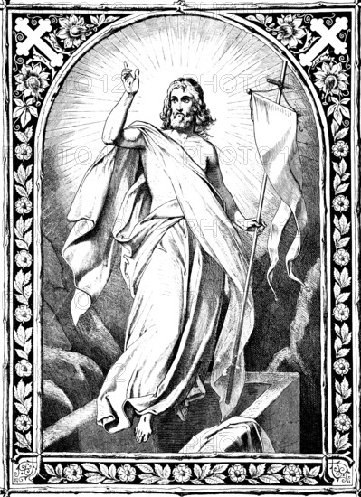Symbolic picture at the end of the Old Testament, Jesus with wreath of light, resurrection, cross,