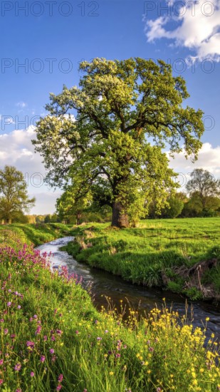 A serene landscape featuring a large tree by a stream at sunset with vibrant green grass and