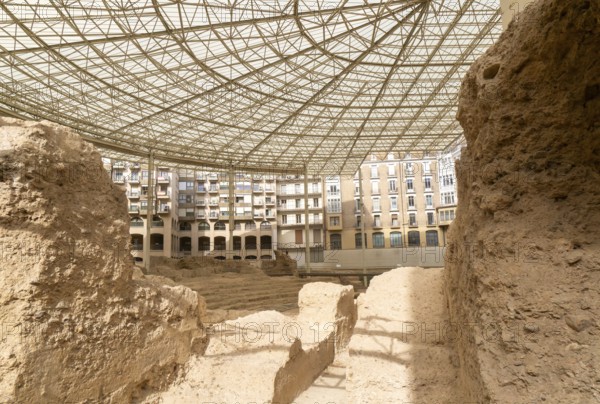 Covered ruins of Roman theatre amphitheatre, Zaragoza, Aragon, Spain
