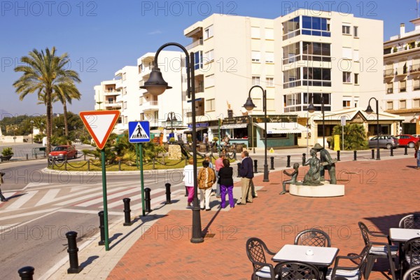 Pedestrian area at the harbor, tables and chairs of a cafe, Moraira, former fishing village, pearl