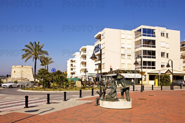 Pedestrian zone at the harbor, sculpture, Moraira, former fishing village, pearl of the Costa