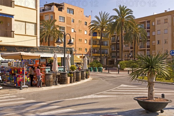 Pedestrian zone at the harbor, palm trees, Moraira, former fishing village, pearl of the Costa