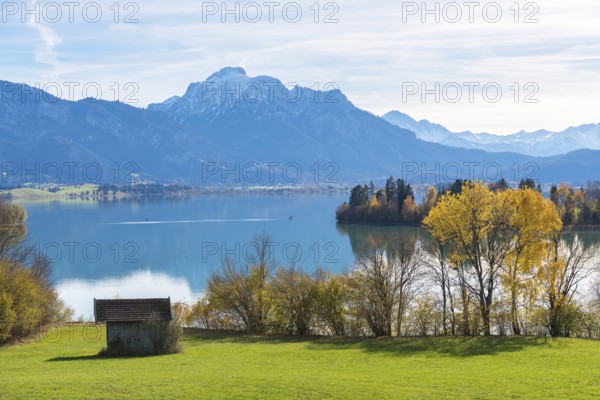 Idyllic Forggensee with mountain landscape, autumn colors, small house, near Roßhaupten, Ostallgäu,