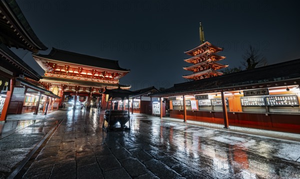 Illuminated five-story pagoda and Hozomon treasure chamber gate of Asakusa Shrine or Senso-ji