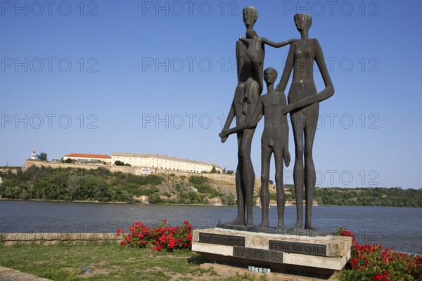 Memorial to the victims of the Novi Sad massacre, in the back the Petrovaradin Fortress or