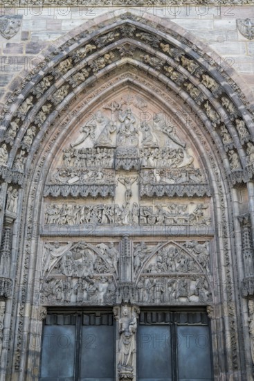 Relief over the entrance portal, west façade, St. Lorenz church, Gothic, old town, Nuremberg,