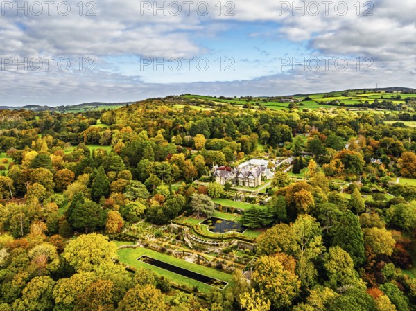 Autumn colours over Bodnant House and Garden from a drone, Conwy River, Colwyn Bay, Conwy, Wales,