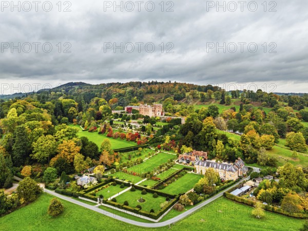 Autumn colours over Powis Castle and Garden from drone, Welshpool, Powys, Wales, England, United