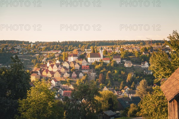 Picturesque village on a hill in warm evening light, surrounded by trees and a church in the