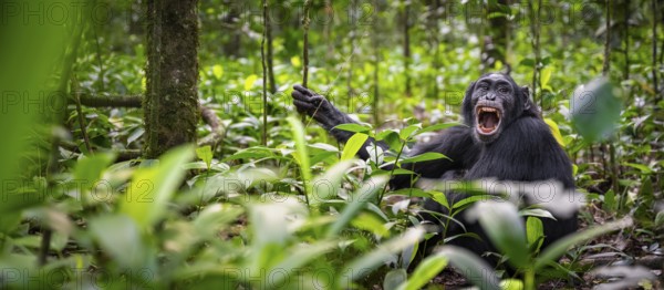 Aggression, chimpanzee (Pan Troglodytes) baring teeth, adult male between leaves in jungle, Kibale