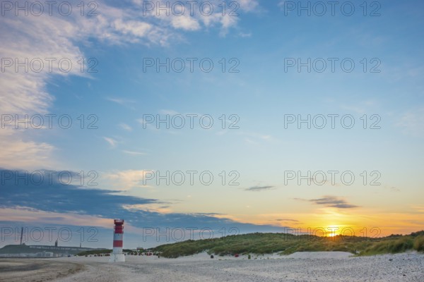 Red, white lighthouse Heligoland dune (Oberfeuer), striped, south beach, beach chairs, dunes,