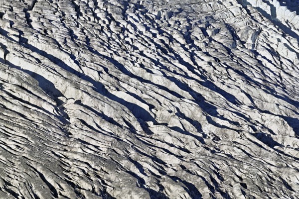 View from the Télécabine Panorama Railway of the glacial crevices of the Glacier du Géant,