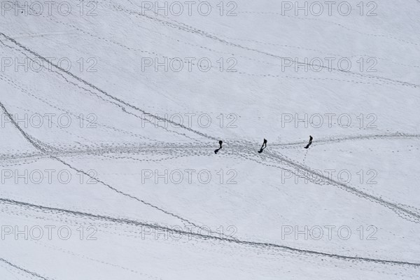 A group of mountaineers runs across a snow-covered mountain, Aiguille du Midi, Chamonix-Mont-Blanc,
