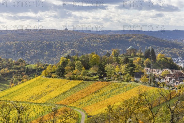 View of the vineyards and the grave chapel in Württemberg from the Egelseer Heide. Autumn-colored