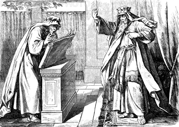 King Josiah hears the word of the Lord from the rediscovered law book, Second Book of Kings,