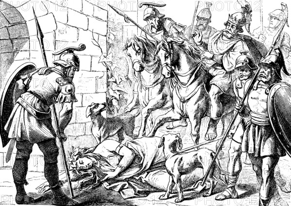 Jezebel falls down, is kicked and dies, Second Book of Kings, chapter 9, city gate, rider, soldier,