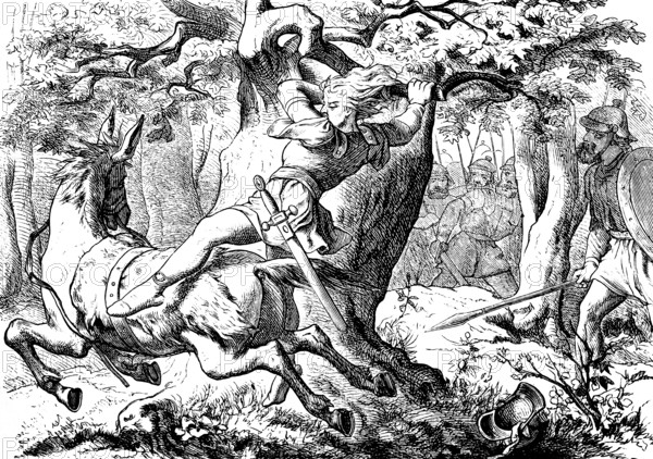 Absalom's end after losing battle, battle, sword, flight, rider, oak, hair, warrior forest,