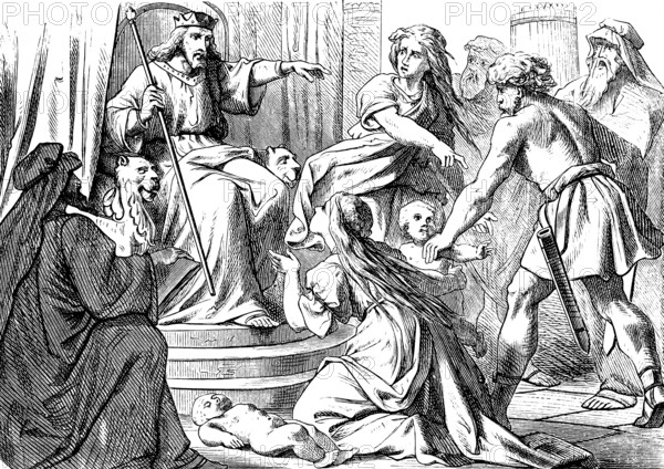 Solomon's Wise Judgment, First Book of Kings, Chapter 3, King Solomon, Throne, Group, Two Women,