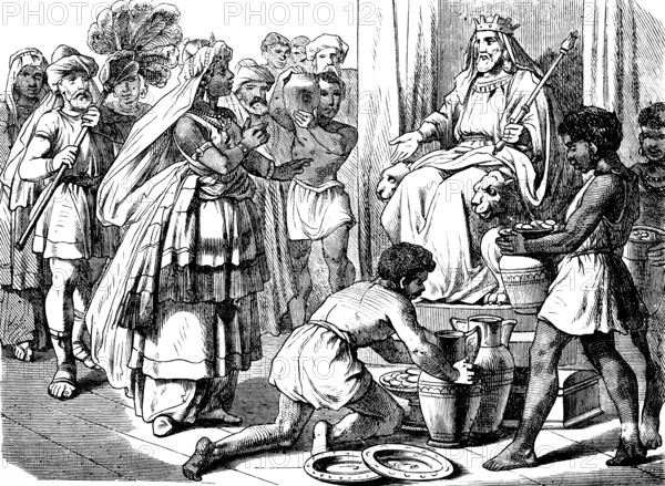 The queen from rich Arabia comes to King Solomon in Jerusalem, First Book of Kings, chapter 10,
