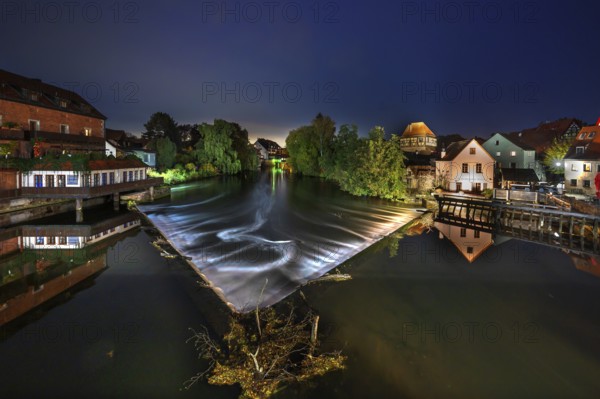 Nocturnal view of Pegnitz with dam and grinding mill, Lauf an der Pegnitz, Middle Franconia,