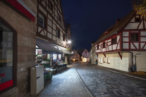 Historic half-timbered houses in the old town at night, Lauf an der Pegnitz, Middle Franconia,