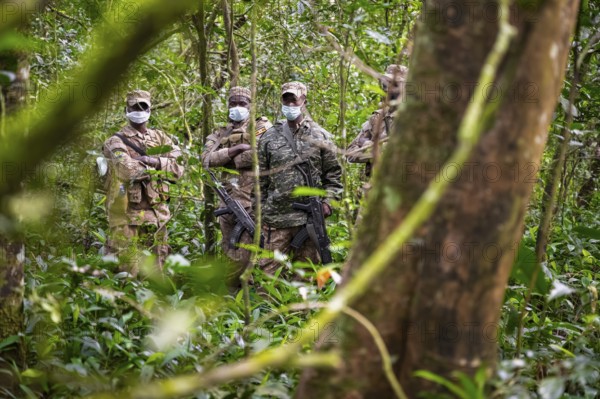 Soldiers, rangers in the jungle, guarding chimpases in the jungle, animal welfare, Kibale National