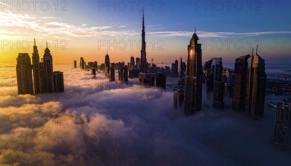 City scape emerging from a dense enveloping fog in sunrise and skyscrapers piercing the haze, big