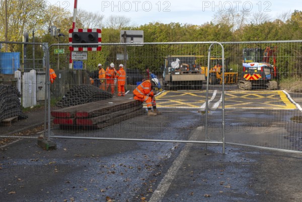 Road and rail level crossing closed, Network Rail railway line upgrade maintenance, Melton,
