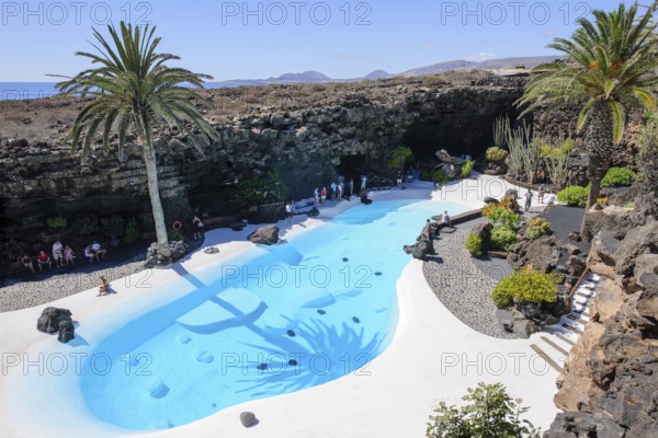 View from elevated position of pool designed by César Manrique Swimming pool in art venue cultural